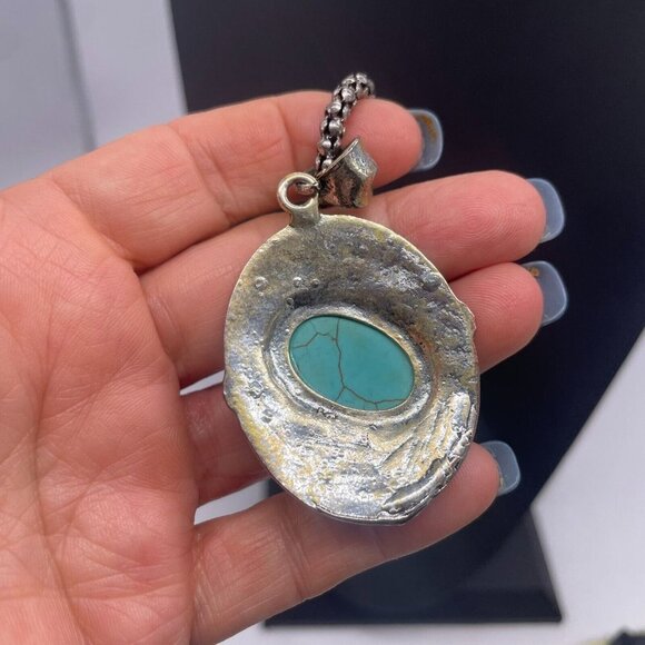 Faux Turquoise Popcorn Chain Pendant Necklace Silver Tone 18.5 to 21 Inches - Picture 6 of 6